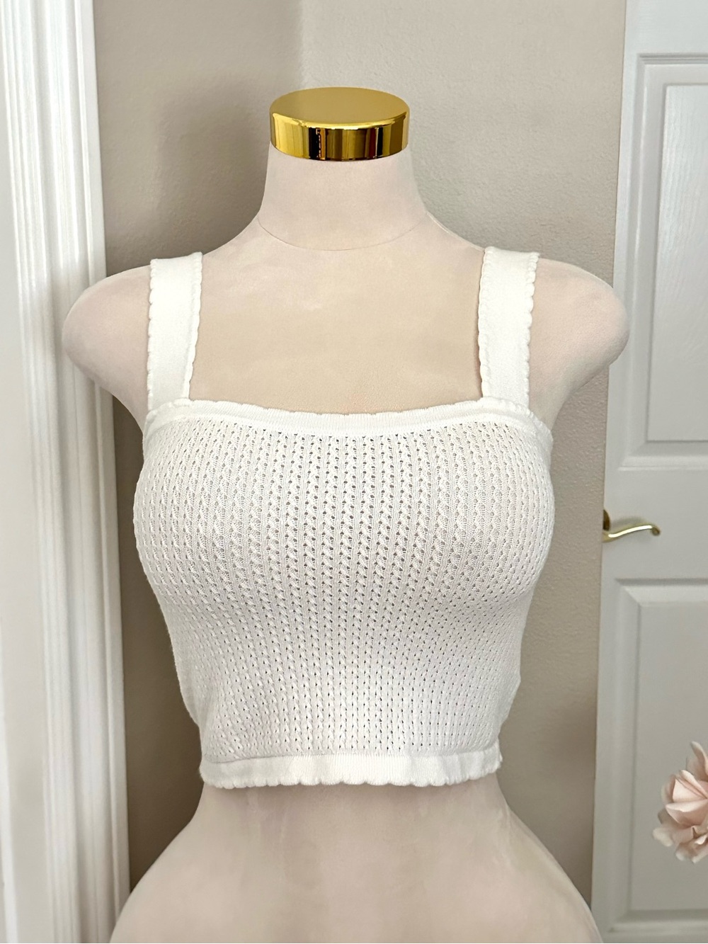 Express White Textured Knit Crop Tank Top w/ Square Neck & Scalloped Trim Sz XS